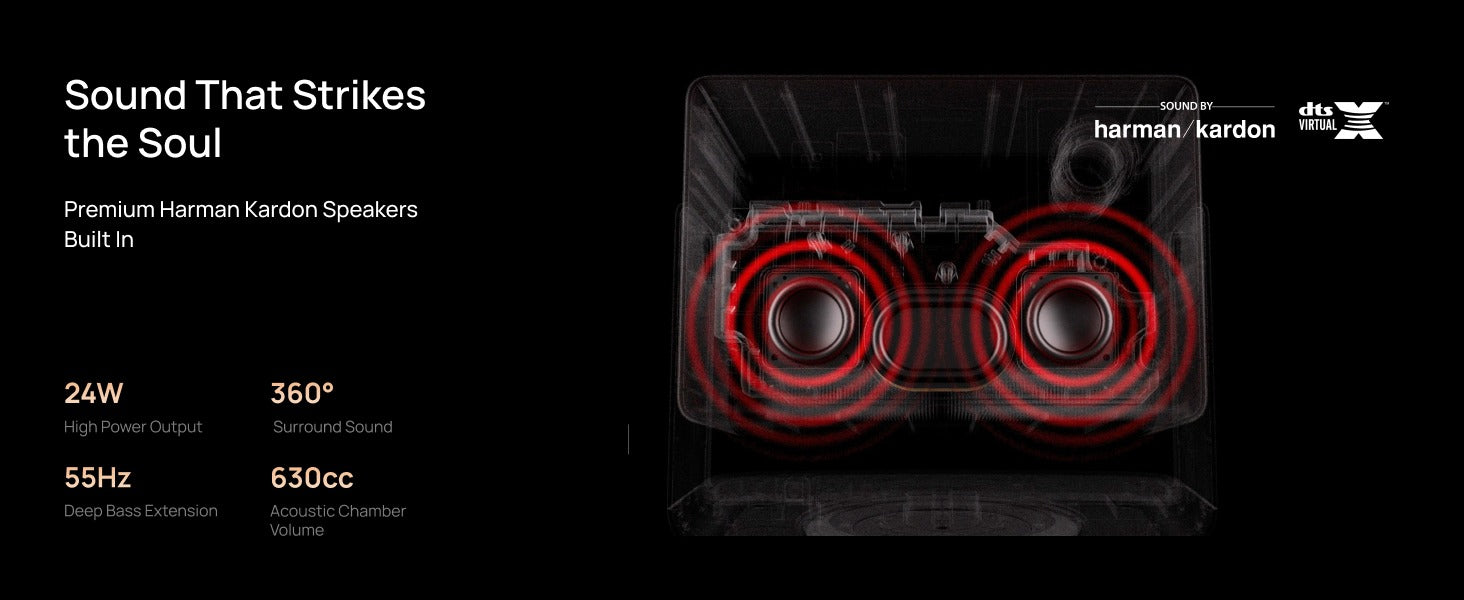 HORIZON 20 Max – Harman Kardon 24W speakers with 360° surround sound, deep 55Hz bass, and a 630cc acoustic chamber