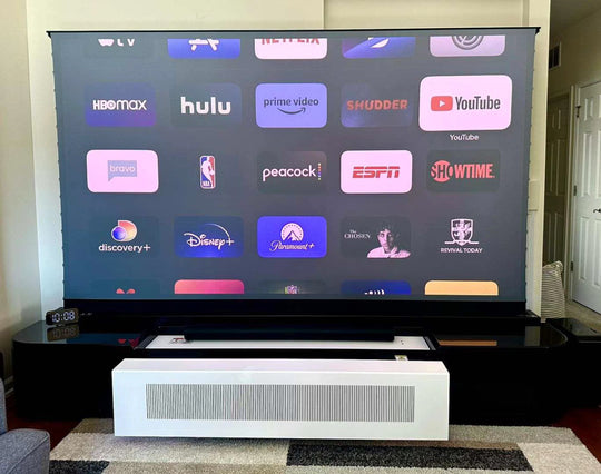 WUPRO Cinema Eterna Series premium solid wood smart laser TV cabinet with UST floor rising screen real-life photo