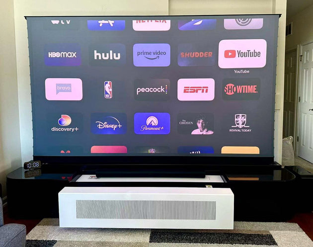 WUPRO Cinema Eterna Series premium solid wood smart laser TV cabinet with UST floor rising screen real-life photo