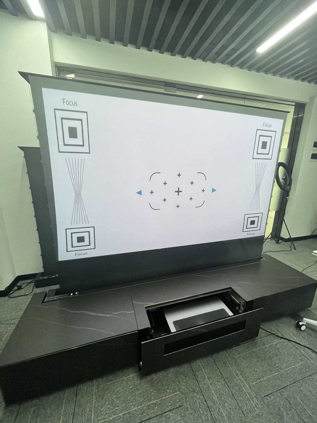 WUPRO Cinema Rock Panel Customisable Laser TV Cabinet for UST Projector in Black and Gold WUPRO Cinema LeApex CBSP Electric Floor-Rising Screen Actual Photo