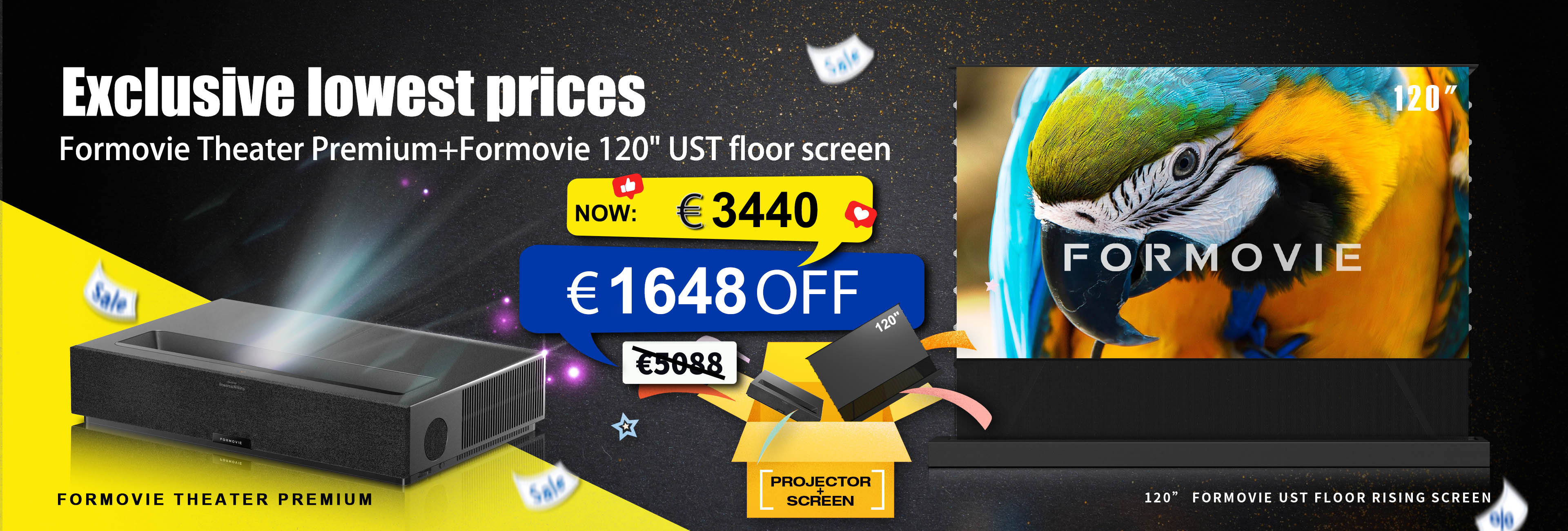 WUPROBUY exclusive lowest price: Formovie Theater Premium 4K UST projector with 120-inch UST floor rising screen bundle, save €1600