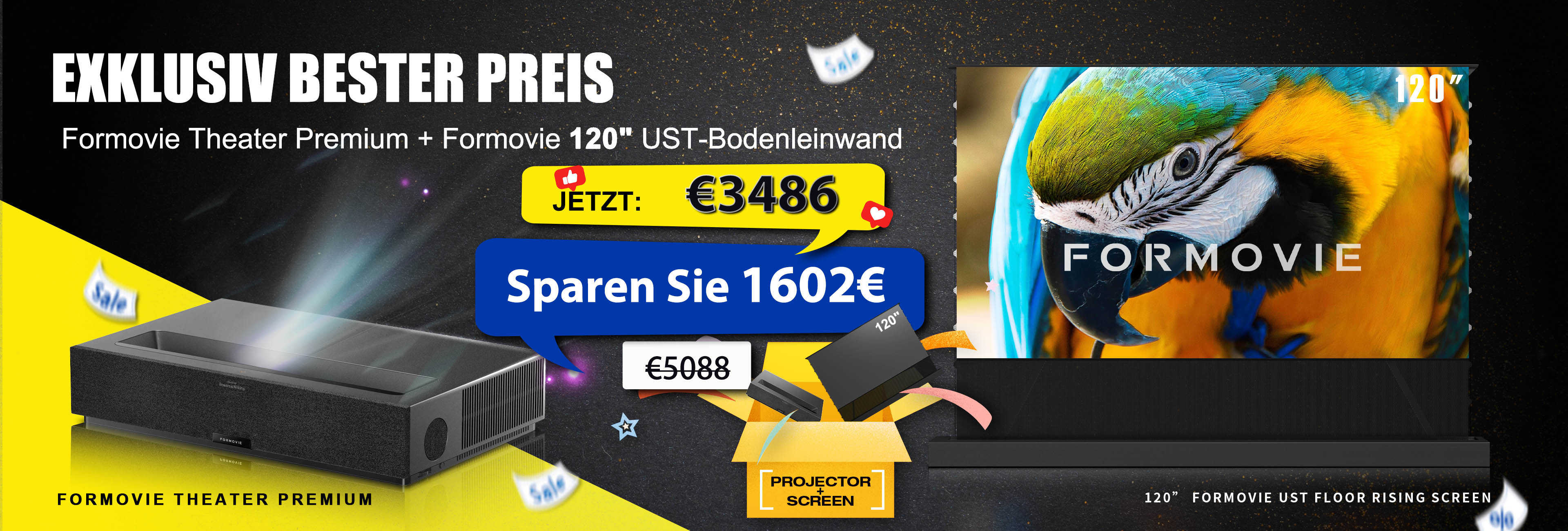 WUPROBUY exklusivster Tiefstpreis: Formovie Theater Premium 4K UST-Projektor mit 120-Zoll UST-Bodenleinwand-Bundle, sparen Sie 1600 €