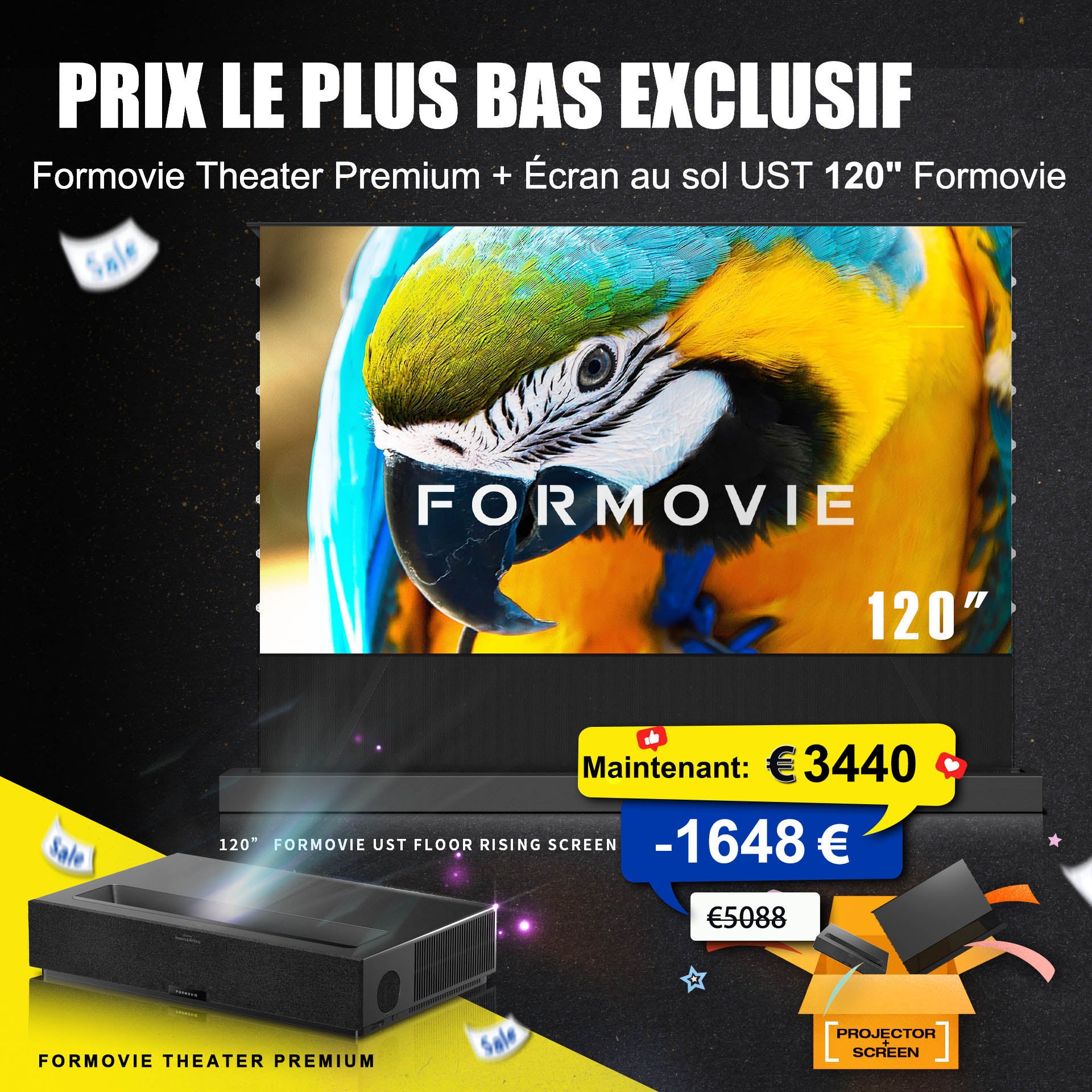 Prix exclusif le plus bas WUPROBUY : projecteur Formovie Theater Premium 4K UST avec écran au sol UST de 120 pouces en pack, économisez 1648 €