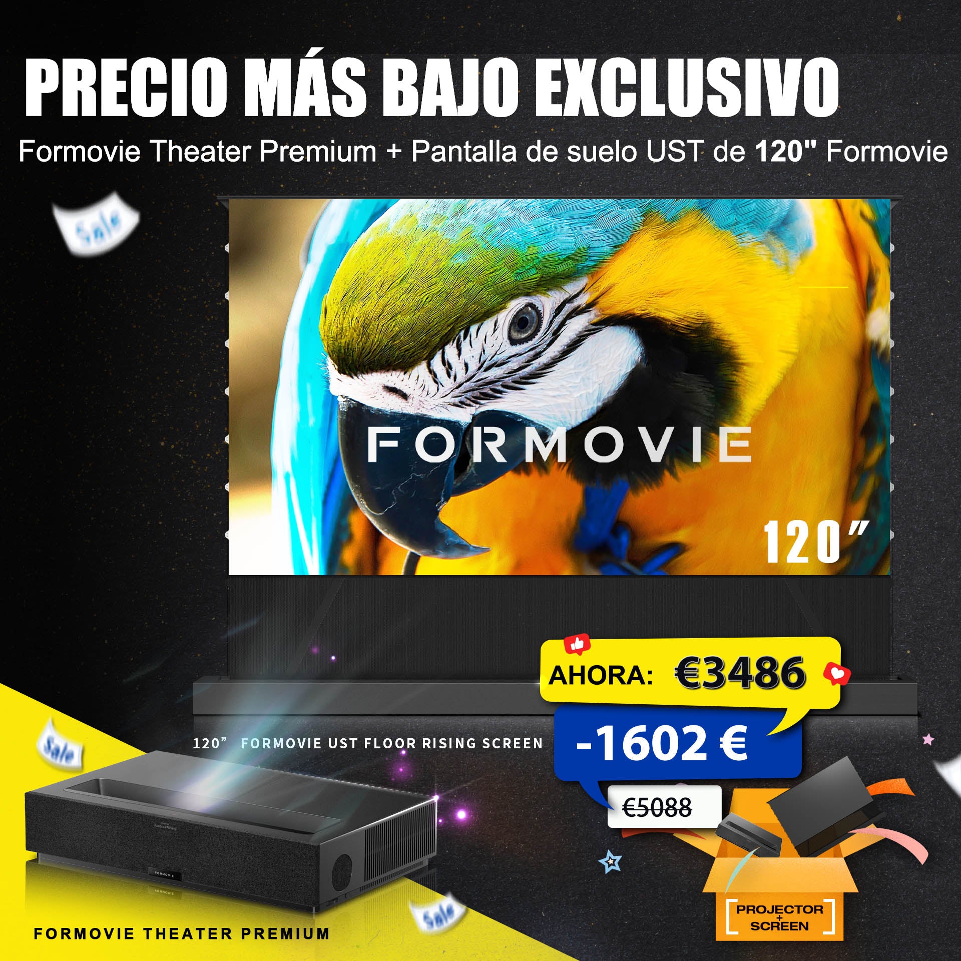 Precio exclusivo más bajo de WUPROBUY: proyector Formovie Theater Premium 4K UST con pantalla de suelo UST de 120", ahorre 1600 €