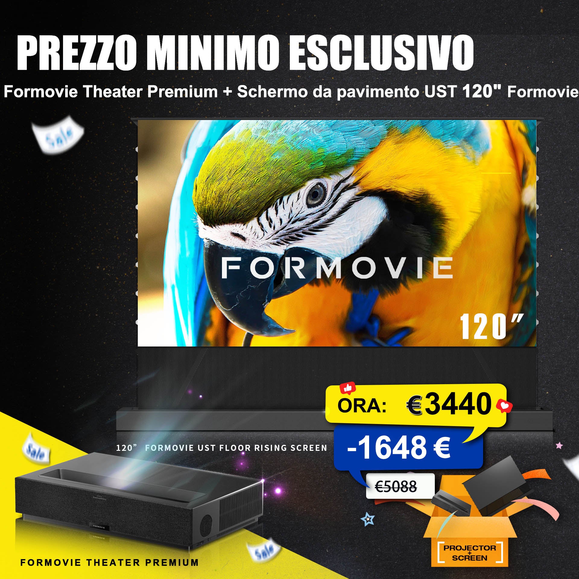 Prezzo esclusivo più basso WUPROBUY: proiettore Formovie Theater Premium 4K UST con schermo da pavimento UST da 120", risparmia 1648 €