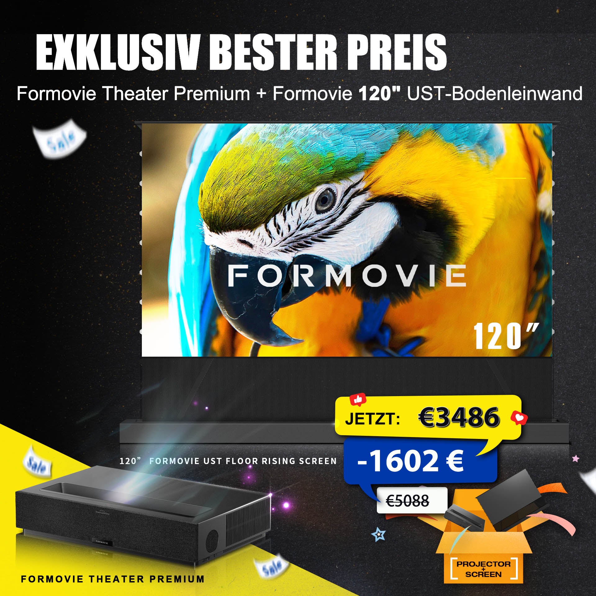 WUPROBUY exklusivster Tiefstpreis: Formovie Theater Premium 4K UST-Projektor mit 120-Zoll UST-Bodenleinwand-Bundle, sparen Sie 1600 €