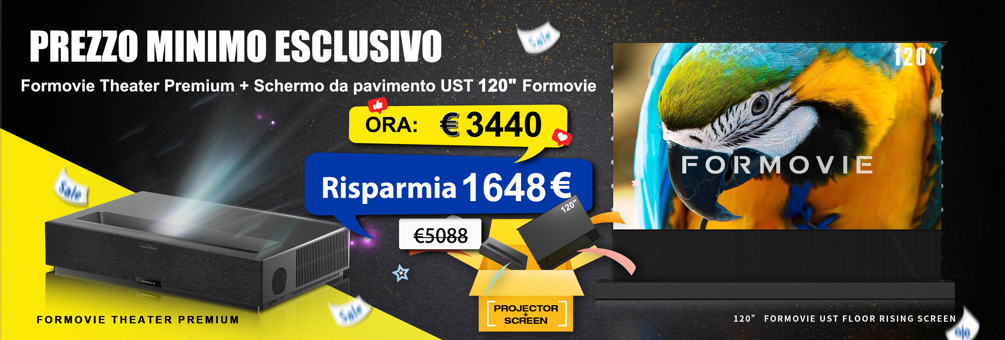 Prezzo esclusivo più basso WUPROBUY: proiettore Formovie Theater Premium 4K UST con schermo da pavimento UST da 120", risparmia 1648 €