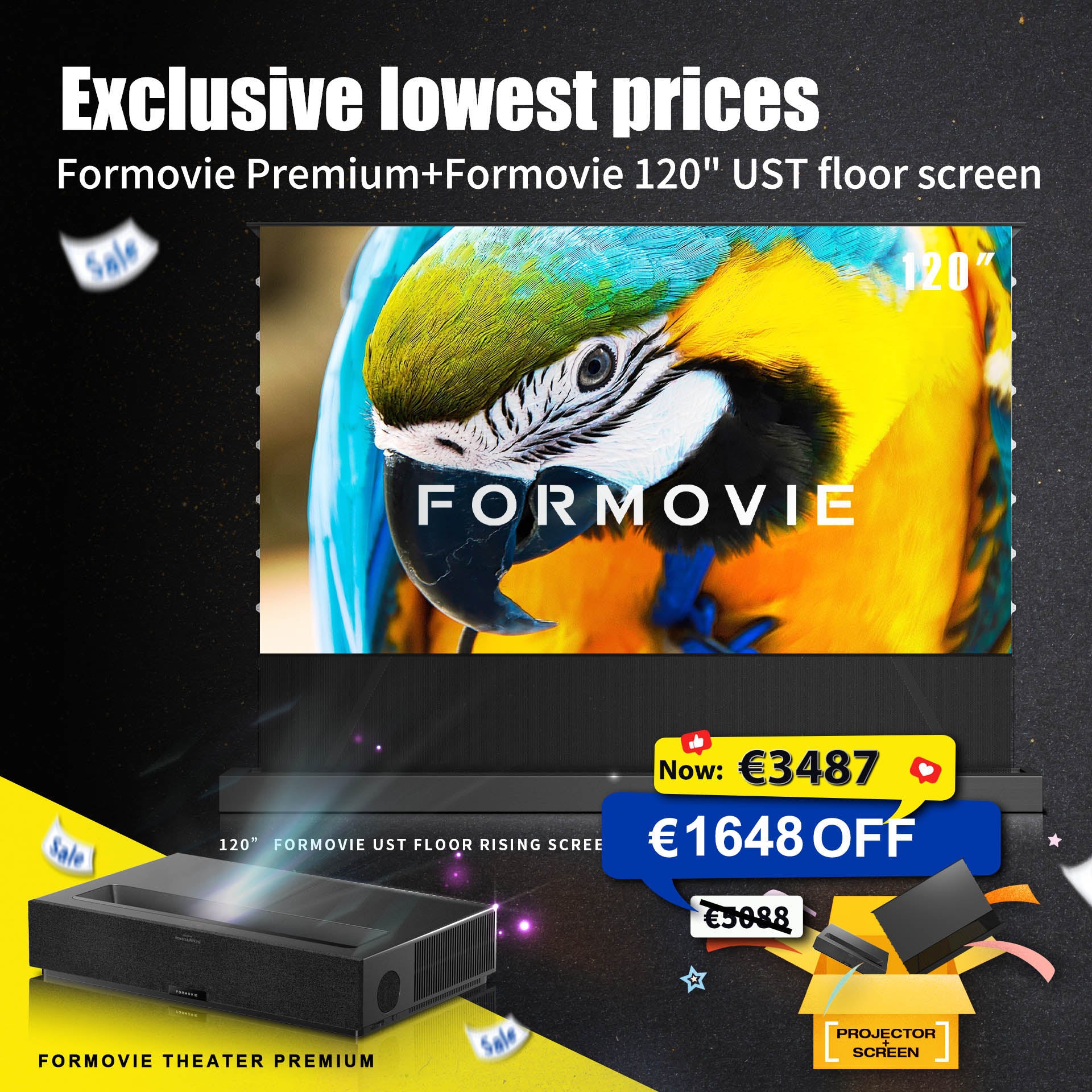 WUPROBUY exclusive lowest price: Formovie Theater Premium 4K UST projector with 120-inch UST floor rising screen bundle, save €1600