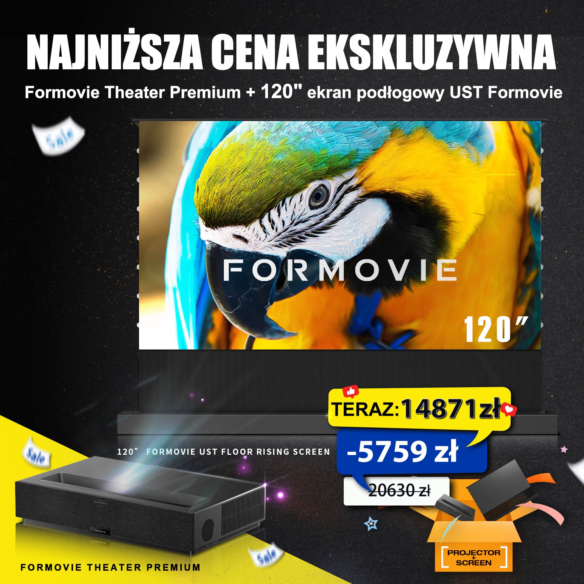 Wyjątkowo najniższa cena w WUPROBUY: projektor Formovie Theater Premium 4K UST z ekranem podłogowym UST 120", oszczędź 5759 zł