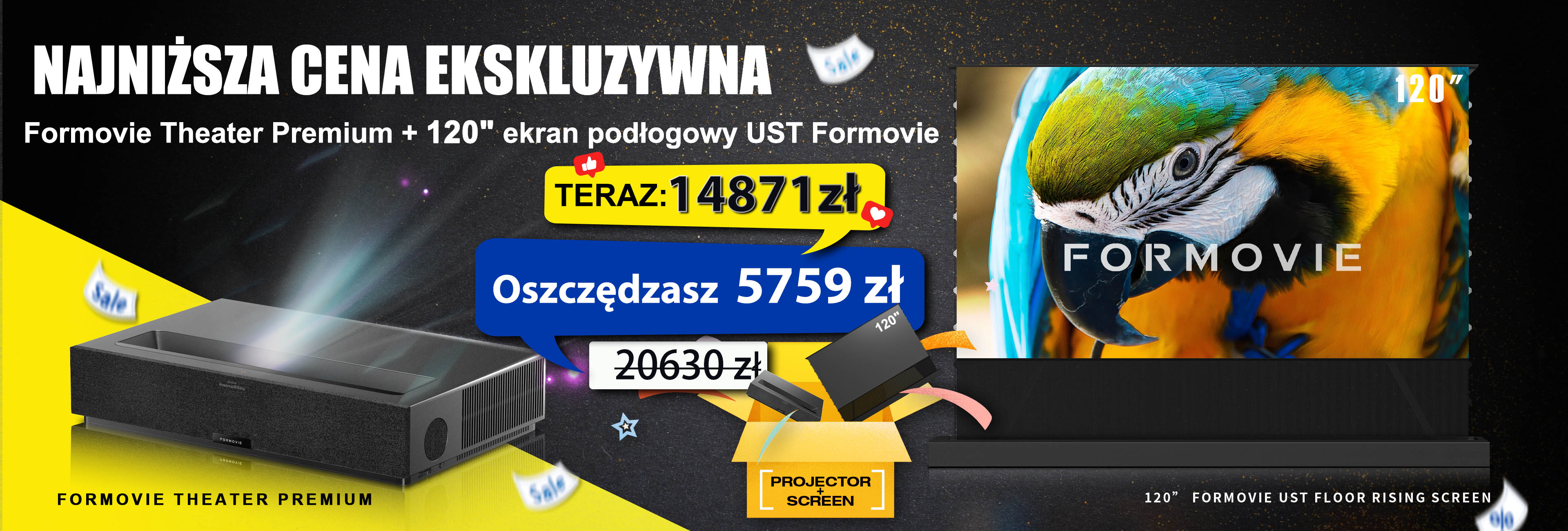 Wyjątkowo najniższa cena w WUPROBUY: projektor Formovie Theater Premium 4K UST z ekranem podłogowym UST 120", oszczędź 5759 zł