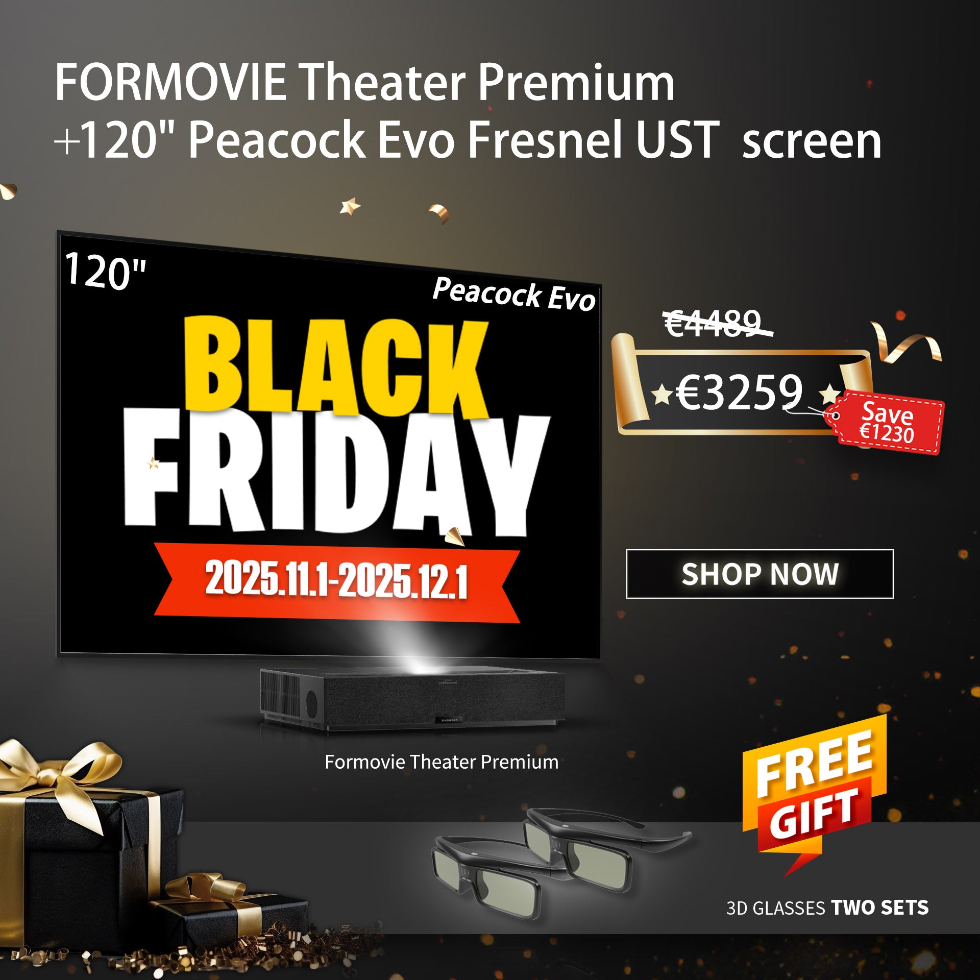 WUPROBUY Black Friday Bundle – Formovie Theater Premium + 100-inch FlowArc CBSP ALR UST Drop Down Screen for only €3259, save €1230