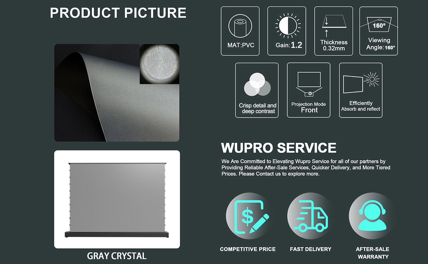 WUPRO Cinema LeApex Gray Crystal Floor Rising Screen, 1.2 gain projection screen with good ambient light rejection, high contrast, high resolution, and enhanced 3D effect
