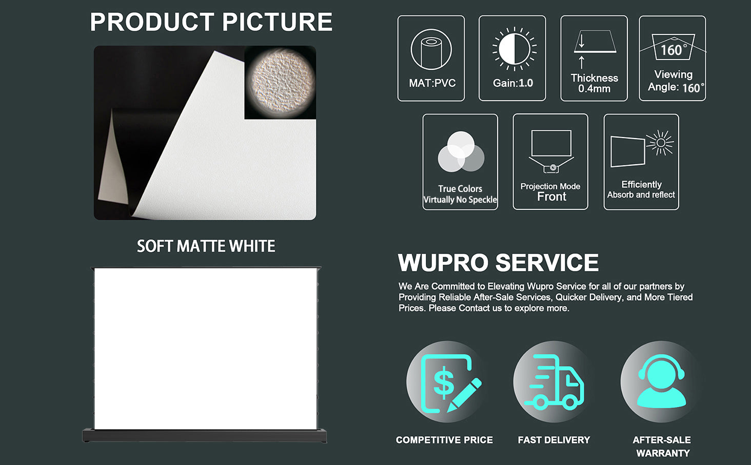 WUPRO Cinema LeApex Soft White Matte Floor Rising Screen, 1.2 gain projection screen for true color reproduction, soft light, comfortable viewing, and virtually no laser speckle,Compatible with all types of projectors