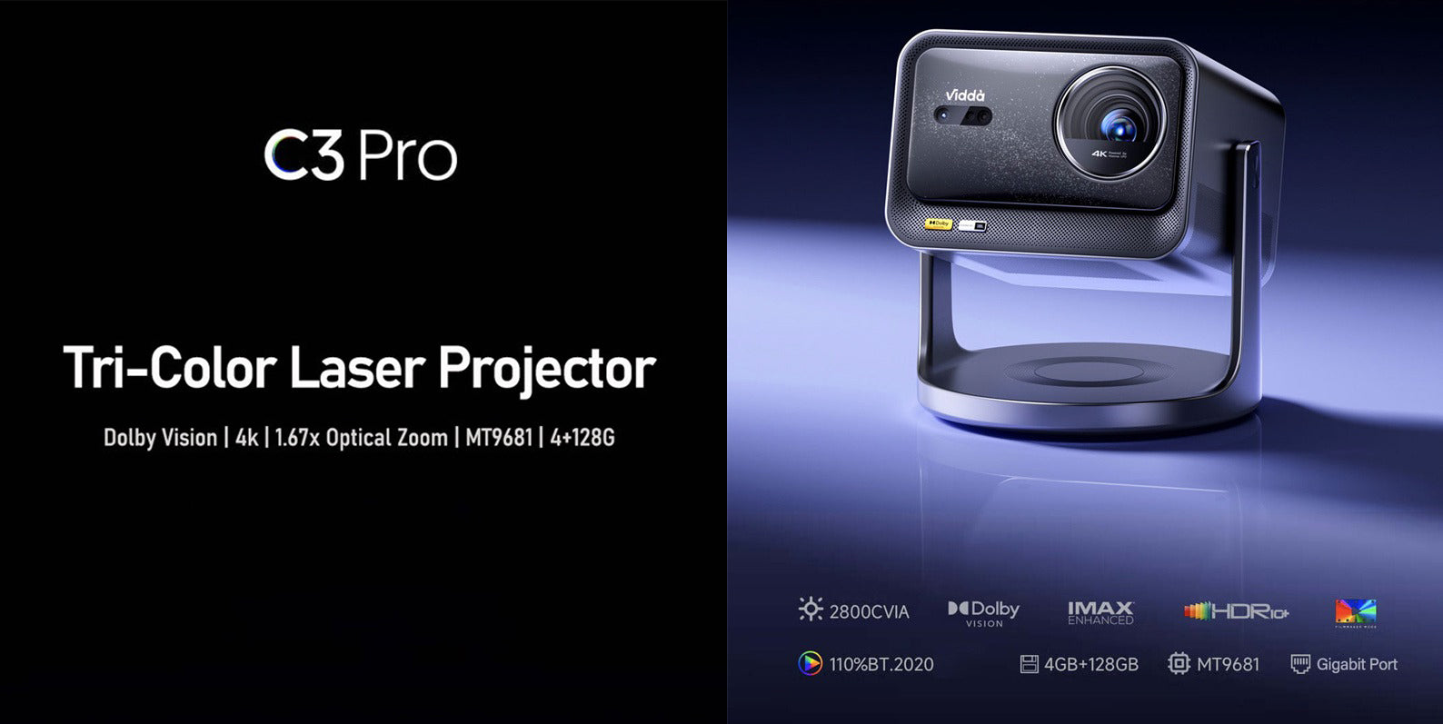 Vidda C3 Pro Tri-color 4k Laser projector with Dolby Vision,1.67*Optical Zoom,MT9681