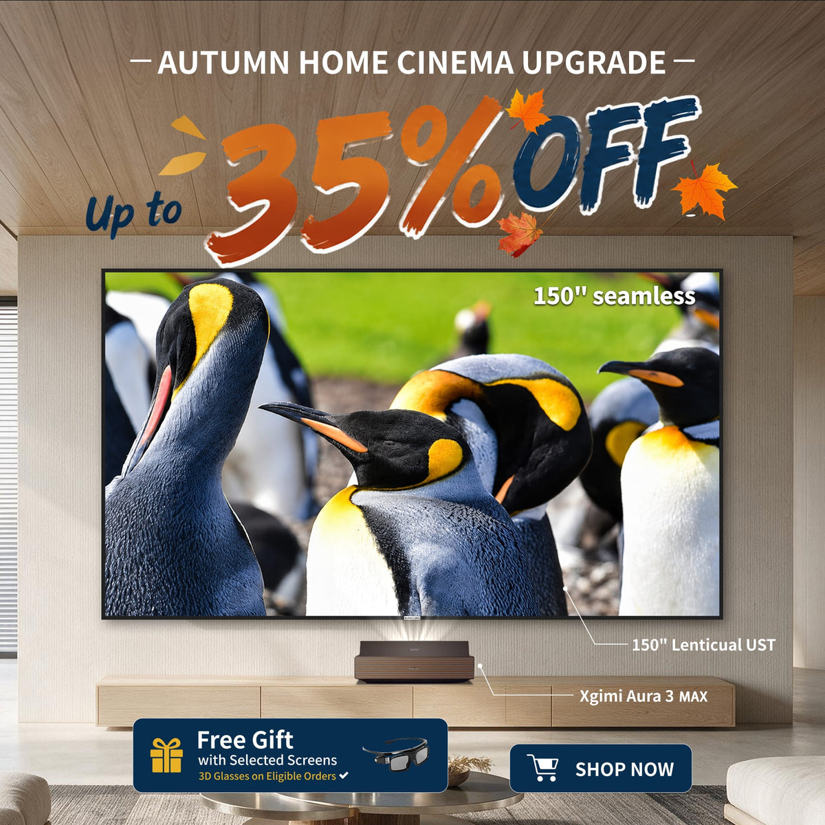 WUPRO BUY Autumn Home Cinema Sale featuring a 150-inch seamless Lenticular CLR screen with XGIMI Aura 3 UST 