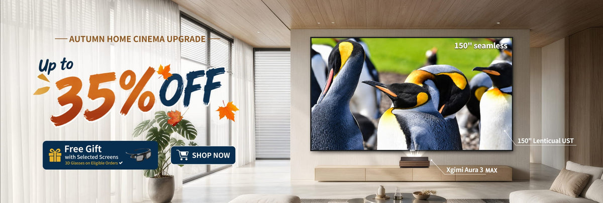 WUPRO BUY Autumn Home Cinema Sale featuring a 150-inch seamless Lenticular CLR screen with XGIMI Aura 3 UST 