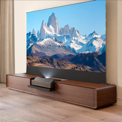 WUPRO Phantom5 Platform smart laser TV cabinet with XGIMI AURA 3 Max UST projector on the integrated sliding projector platform