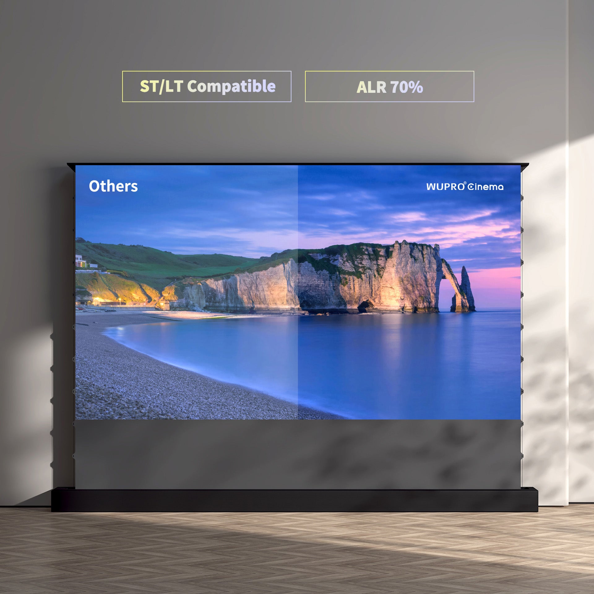 WUPRO Cinema LeApex Black Crystal ALR floor rising projector screen showing image contrast comparison with 70% ambient light rejection for short and long throw projectors