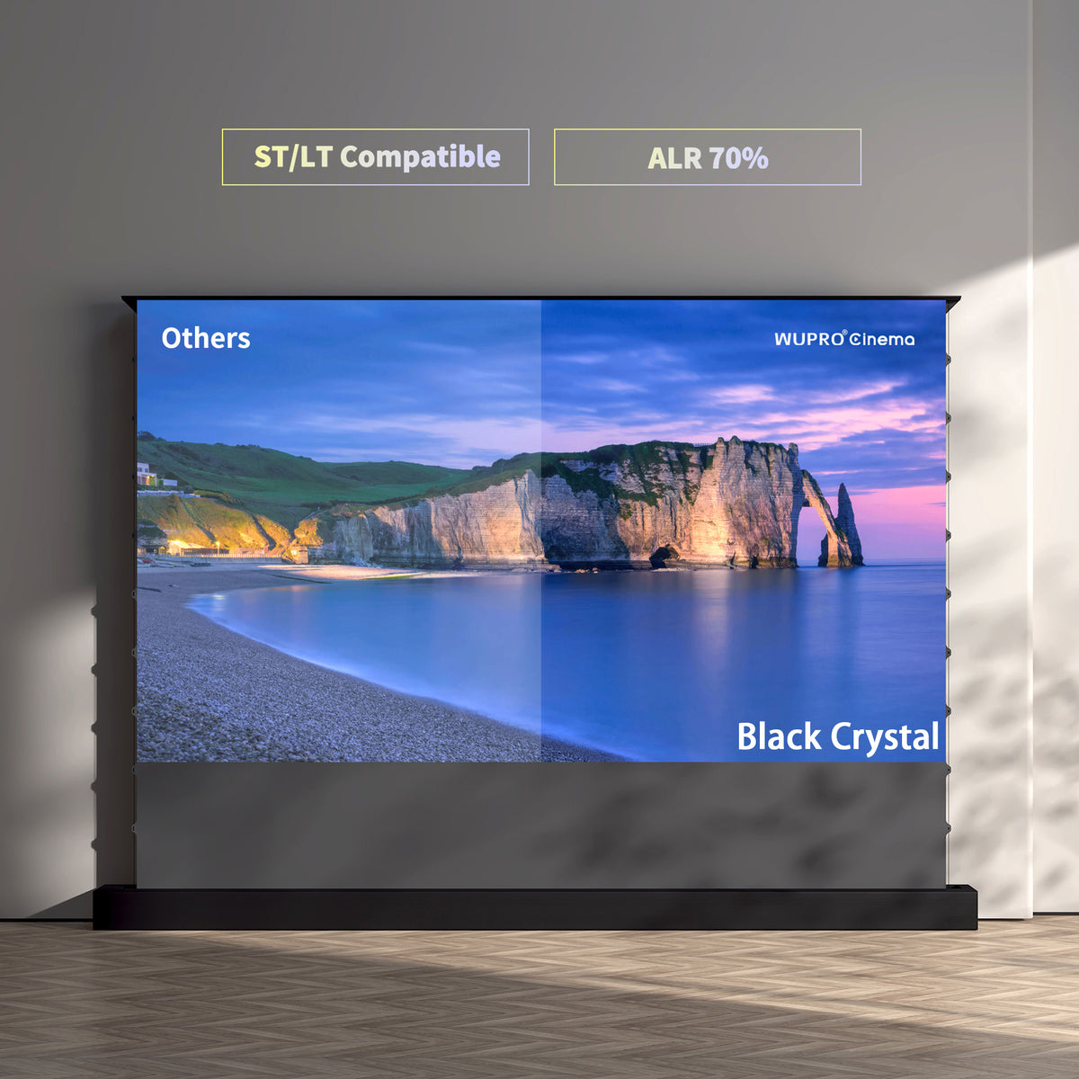 WUPRO Cinema LeApex Black Crystal ALR floor rising projector screen showing image contrast comparison with 70% ambient light rejection for short and long throw projectors