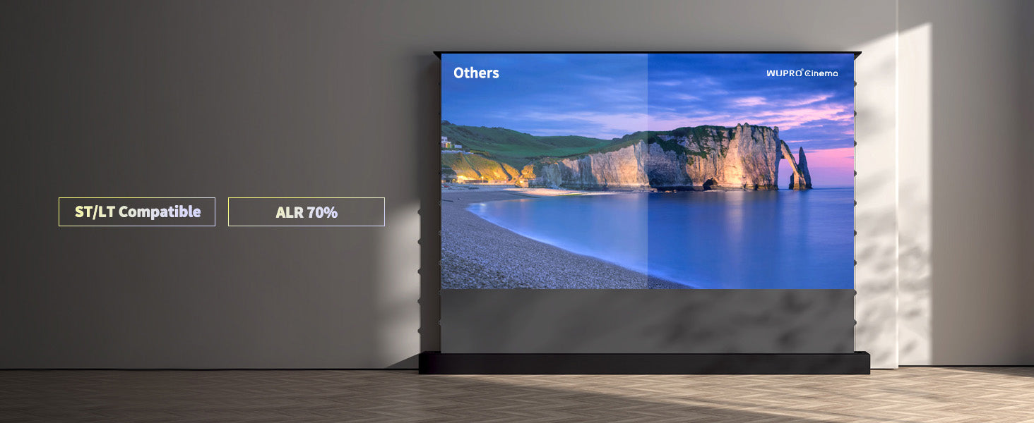 WUPRO Cinema LeApex Black Crystal ALR floor rising projector screen showing image contrast comparison with 70% ambient light rejection for short and long throw projectors