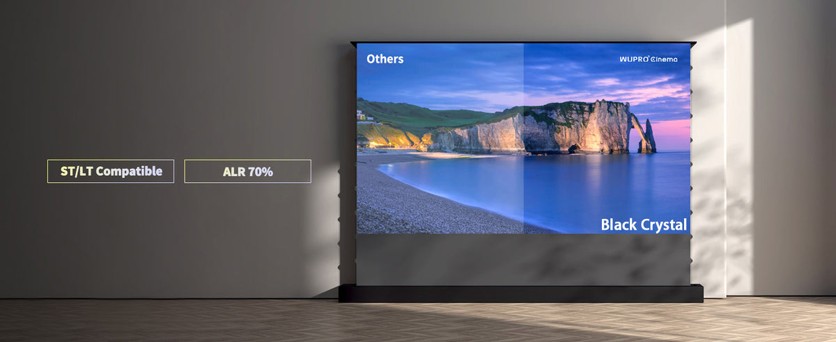WUPRO Cinema LeApex Black Crystal ALR floor rising projector screen showing image contrast comparison with 70% ambient light rejection for short and long throw projectors
