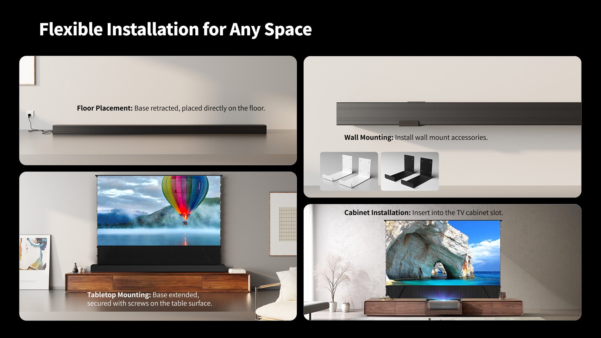 WUPRO LeApex CBSP CLR UST floor rising projector screen in modern apartment, flexible installation for any space with no drilling required.