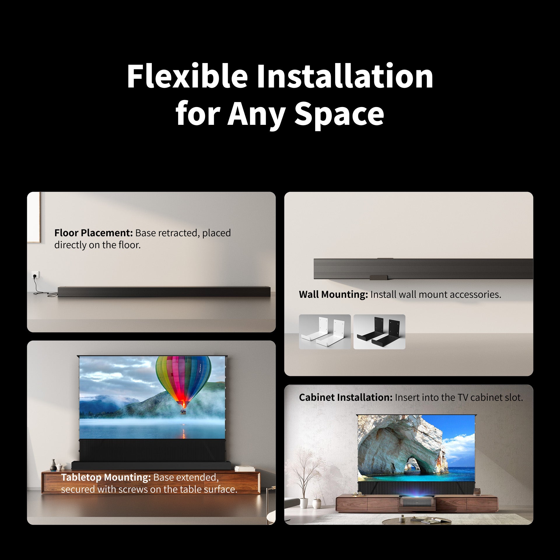 WUPRO LeApex CBSP CLR UST floor rising projector screen in modern apartment, flexible installation for any space with no drilling required.
