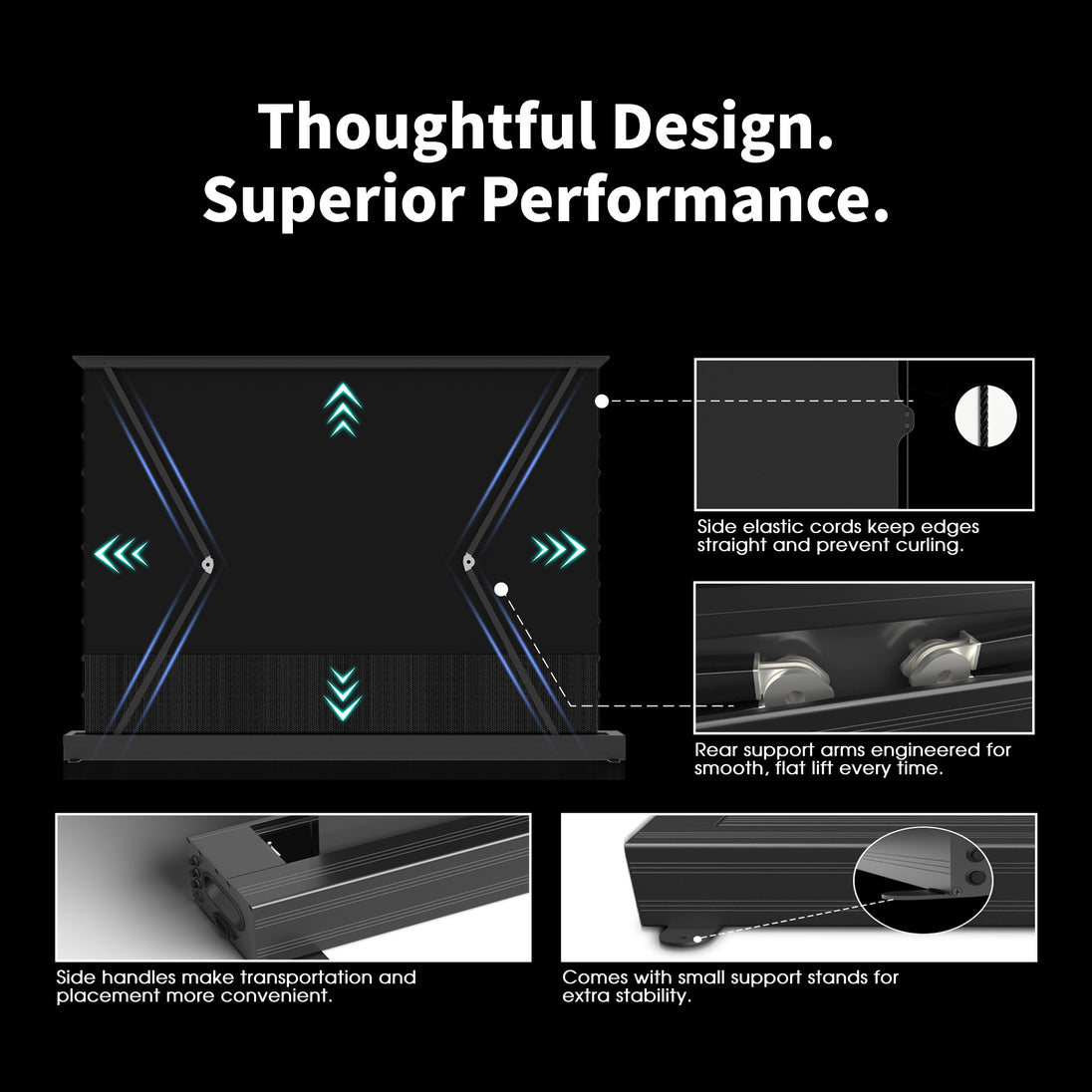 WUPRO LeApex CBSP CLR floor rising projector screen detail showcase, highlighting premium build quality, thoughtful design, and superior performance.
