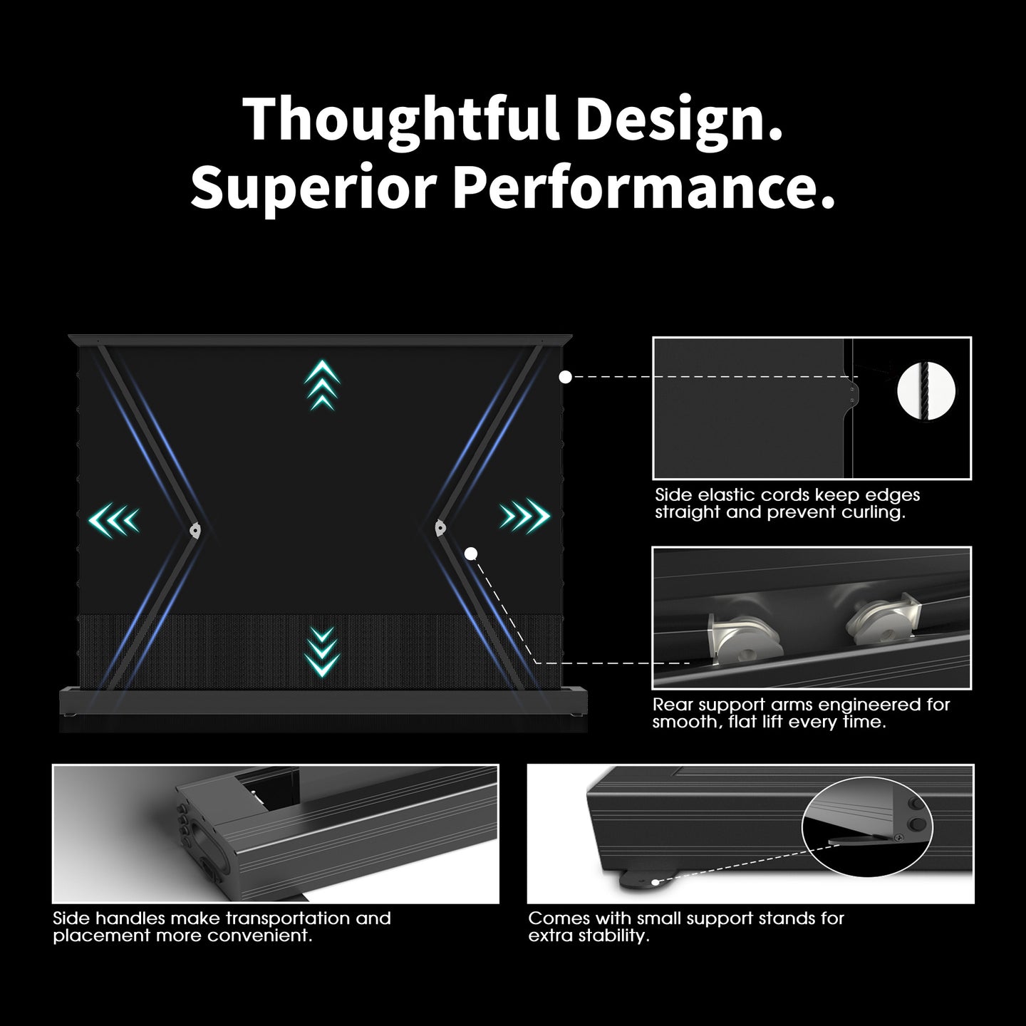 WUPRO LeApex CBSP CLR floor rising projector screen detail showcase, highlighting premium build quality, thoughtful design, and superior performance.