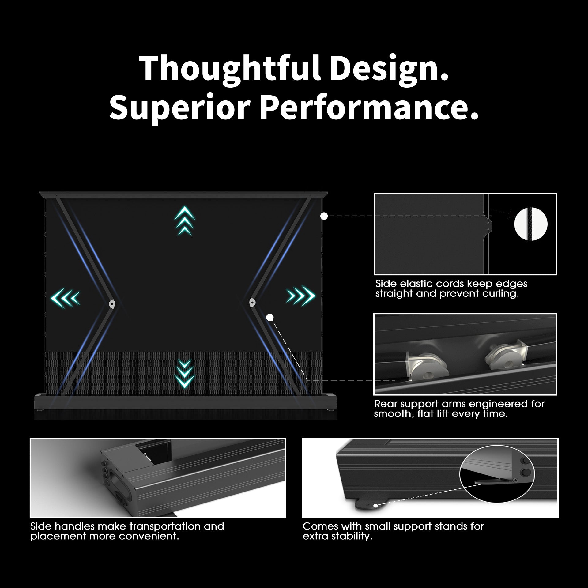 WUPRO LeApex CBSP CLR floor rising projector screen detail showcase, highlighting premium build quality, thoughtful design, and superior performance.