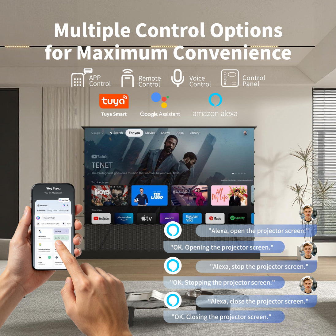 WUPRO LeApex CBSP CLR UST floor rising projector screen with smart voice control, compatible with Alexa, Google Assistant, and Tuya home automation.