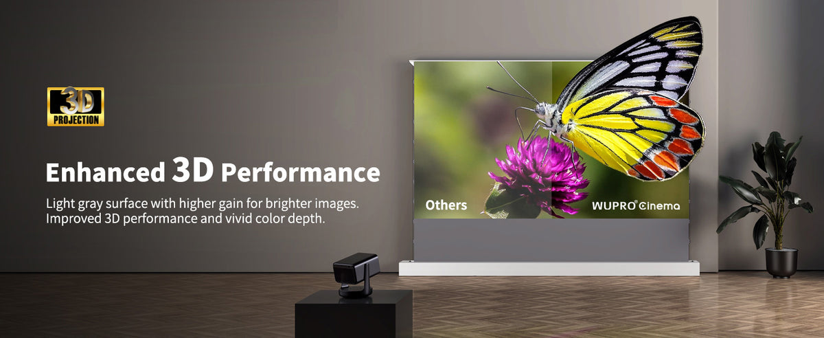 WUPRO Cinema LeApex Grey Crystal ALR floor rising projector screen showing brighter image and enhanced 3D performance compared with other screen materials