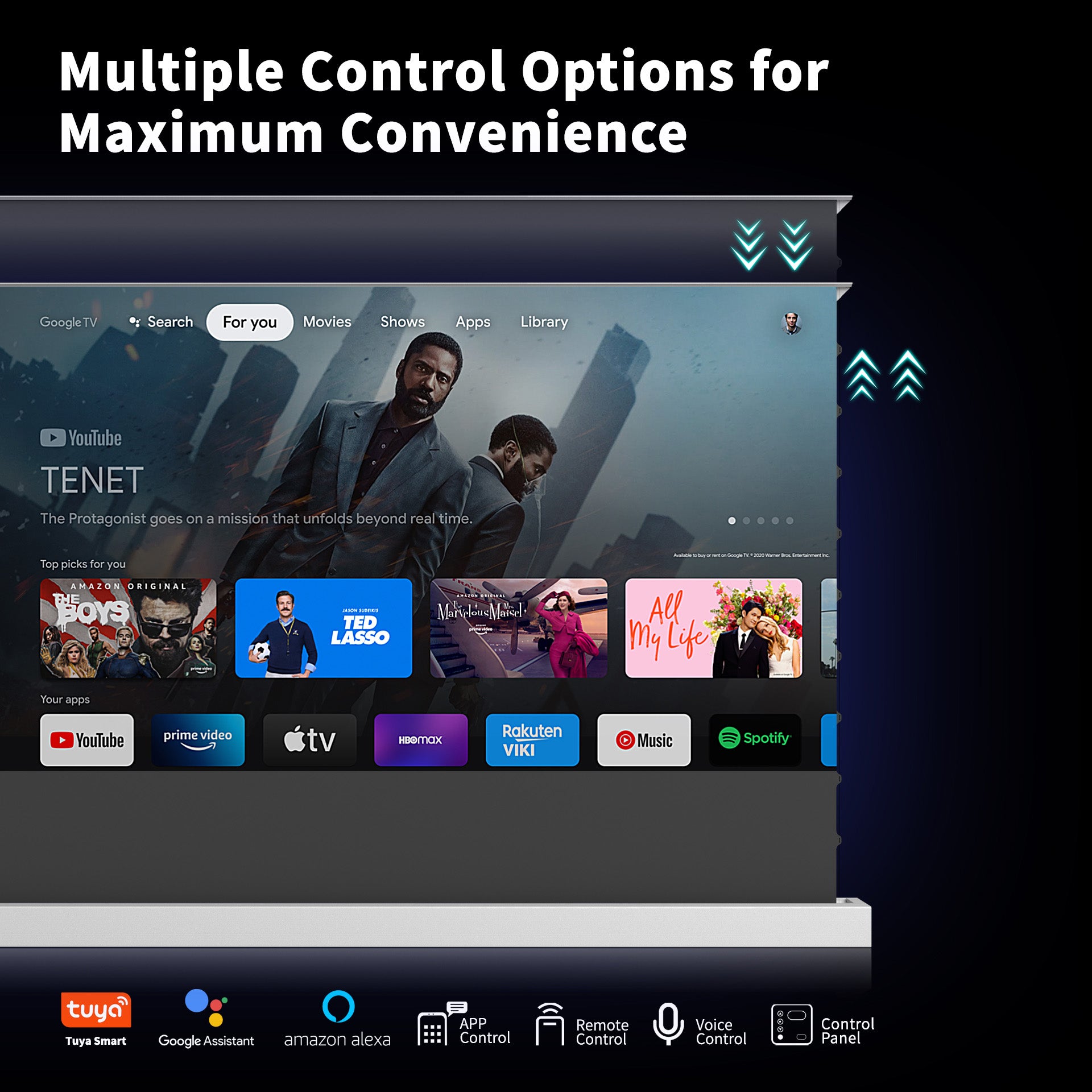 WUPRO Cinema LeApex motorized floor rising projector screen with Tuya Smart, Google Assistant, Amazon Alexa, app, remote, voice and control panel options