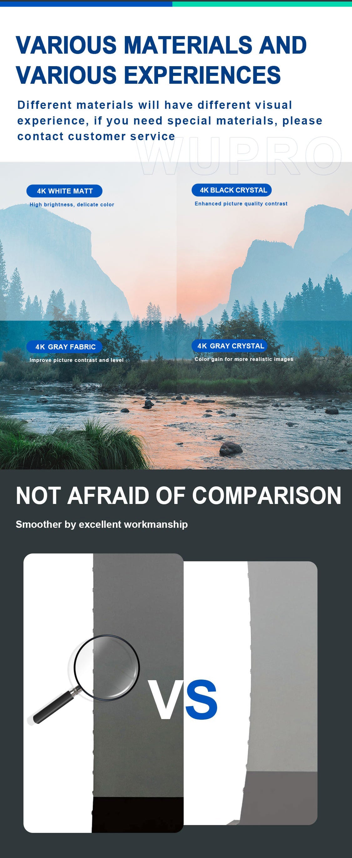 WUPRO Cinema LeApex projector screen material comparison showing White Matte, Black Crystal, Grey Fabric and Grey Crystal image performance with screen surface and edge finish details