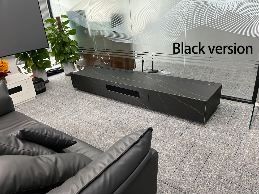 WUPRO Cinema Rock Panel Customisable Laser TV Cabinet for UST Projector Black and Gold Actual Photo