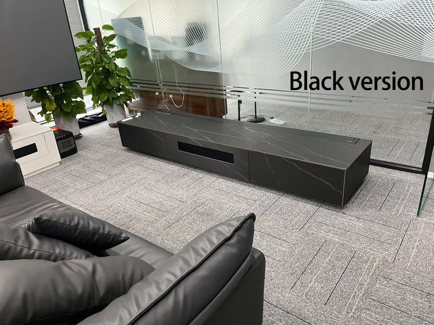 WUPRO Cinema Rock Panel Customisable Laser TV Cabinet for UST Projector Black and Gold Actual Photo