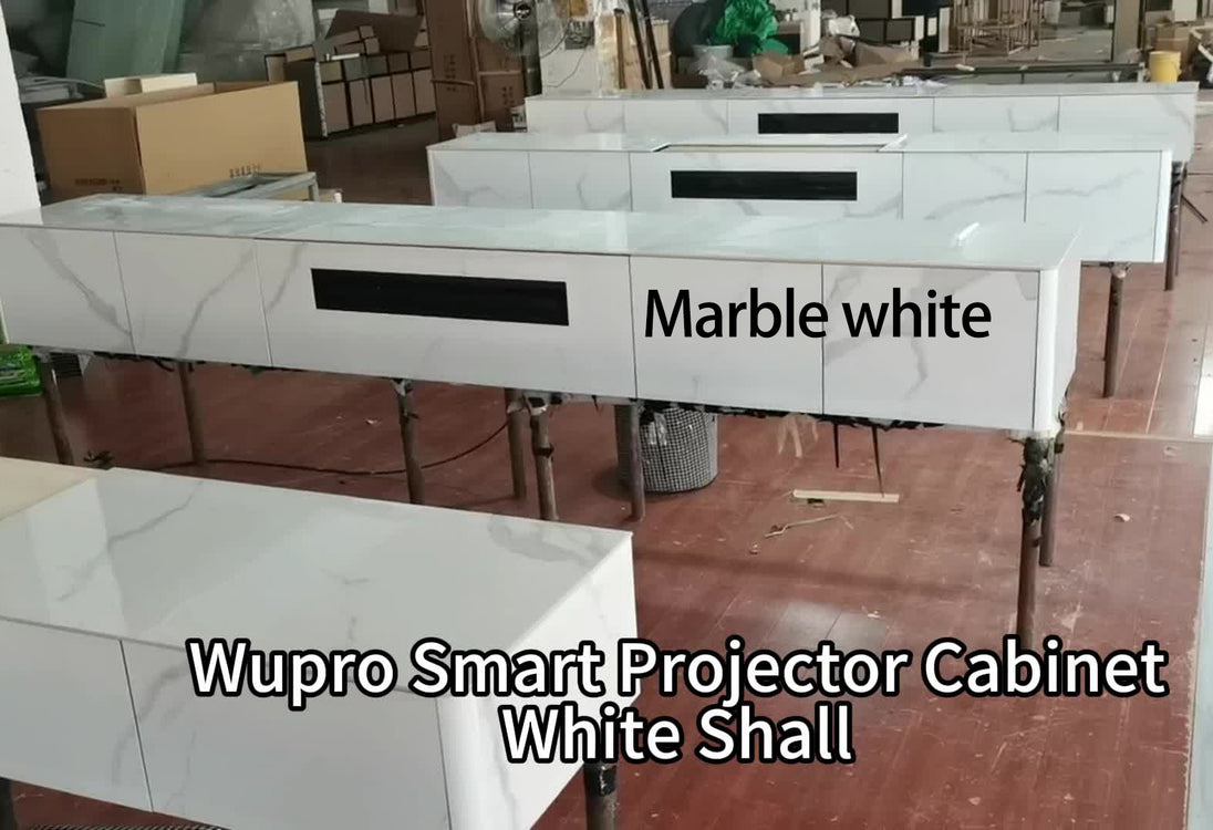 WUPRO Cinema Rock Panel Customisable Laser TV Cabinet for UST Projector Marble White Factory Actual Shot