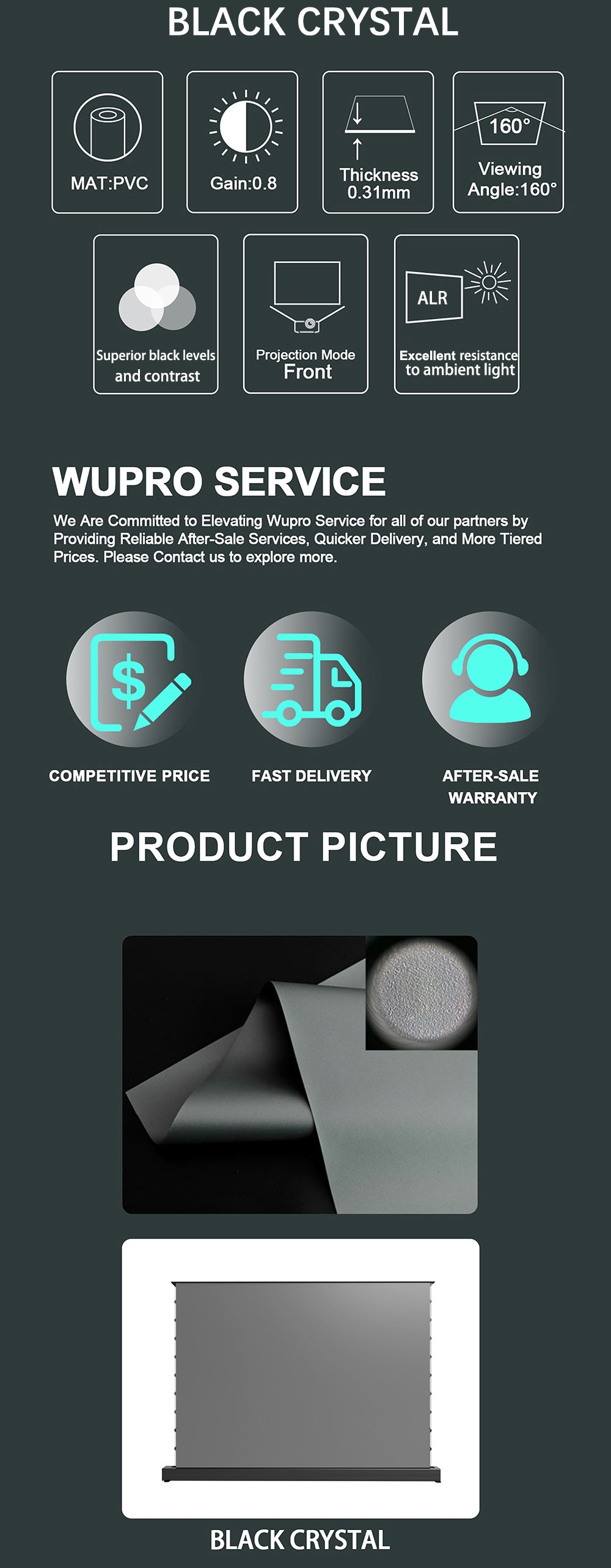WUPRO Cinema LeApex Black Crystal ALR Floor Rising Screen, 0.8 gain projection screen with ALR ≥70% for excellent ambient light rejection, deeper blacks, and superior contrast