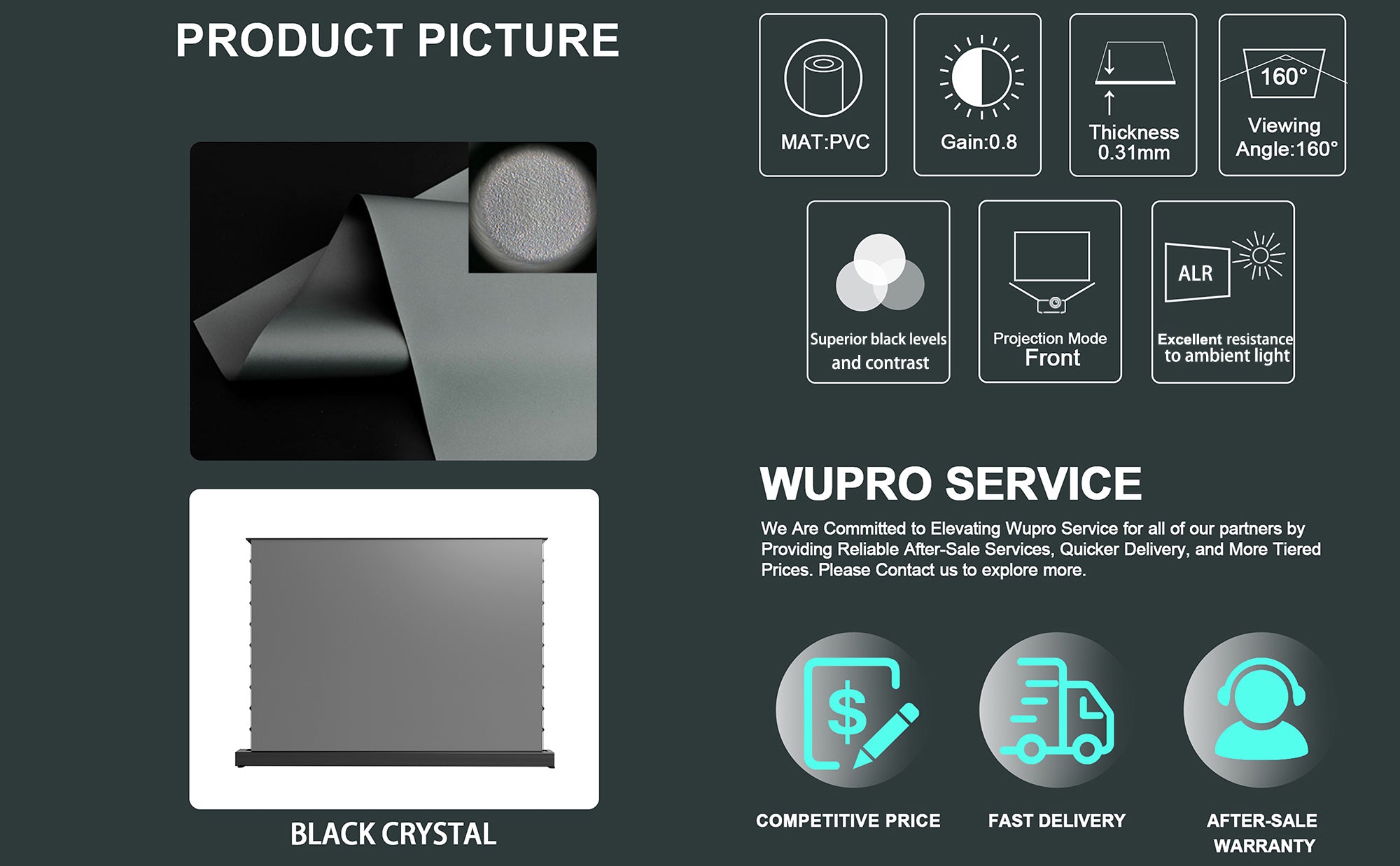 WUPRO Cinema LeApex Black Crystal ALR Floor Rising Screen, 0.8 gain projection screen with ALR ≥70% for excellent ambient light rejection, deeper blacks, and superior contrast