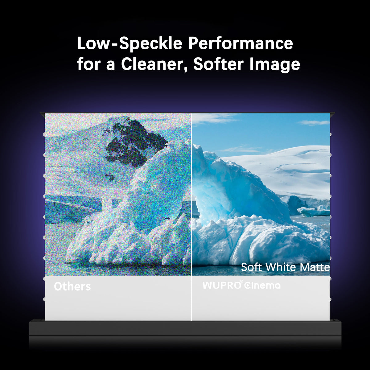 WUPRO Cinema LeApex Soft White Matte floor rising projector screen showing reduced visible laser speckle and a cleaner, softer image compared with other screen materials